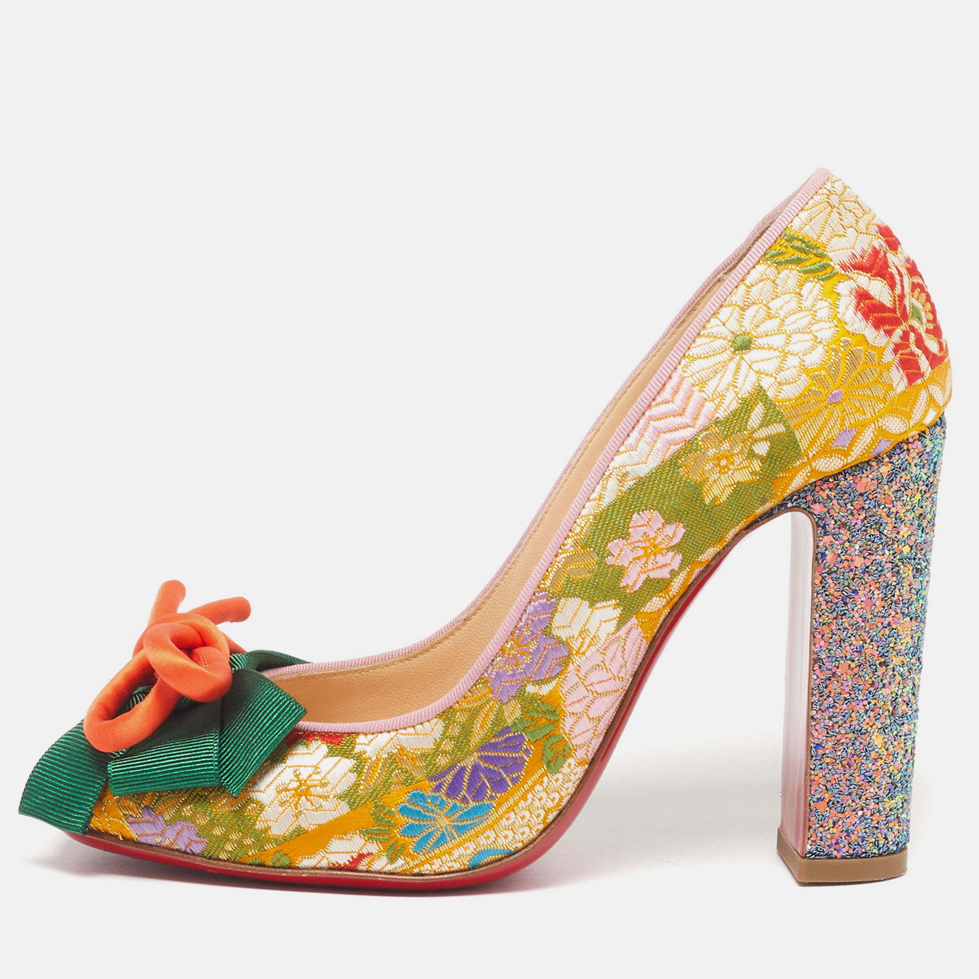 

Christian Louboutin Dolly Dola Size  Multicolor Brocade Fabric Block Heel Pumps