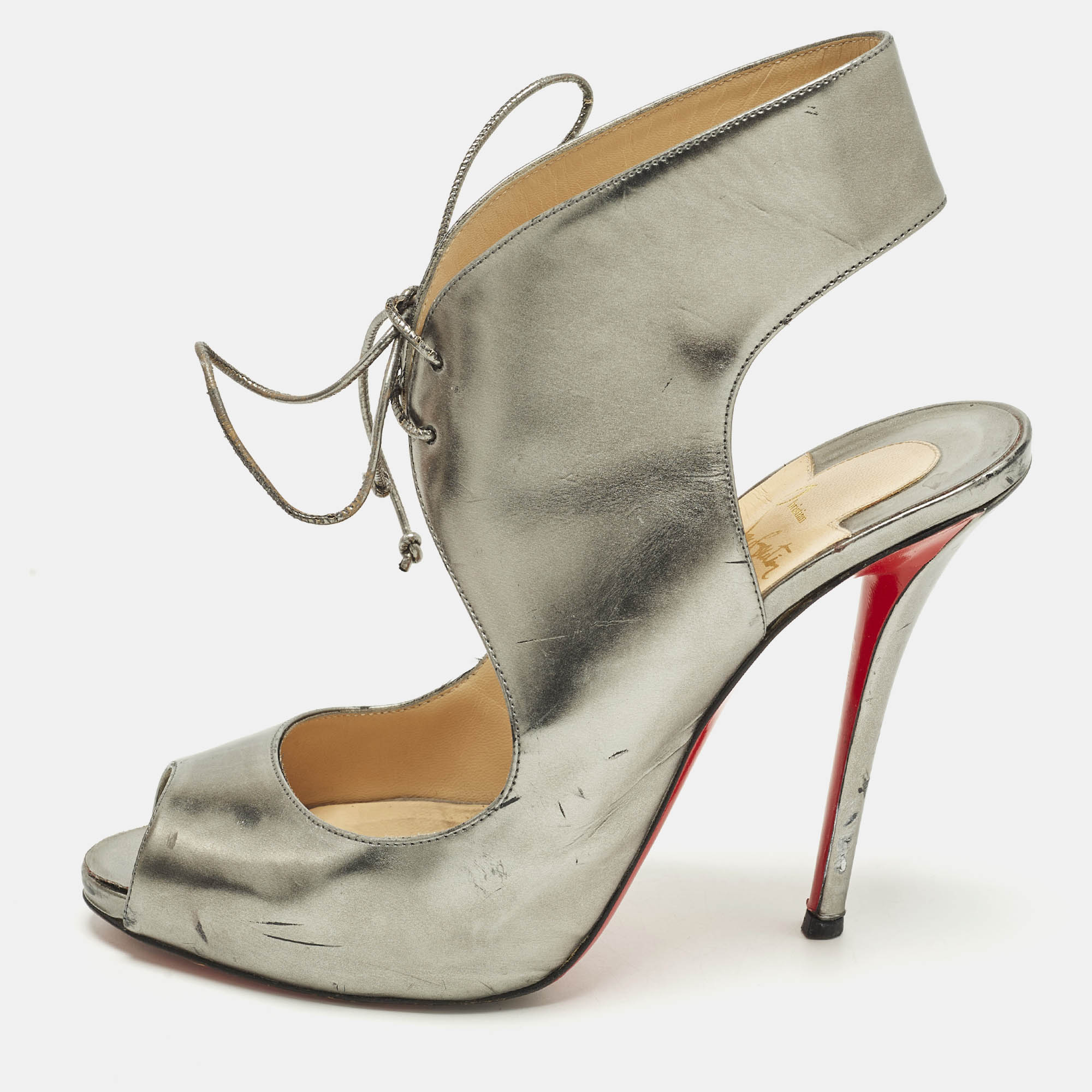 

Christian Louboutin Size  Silver Leather Peep Toe Sandals