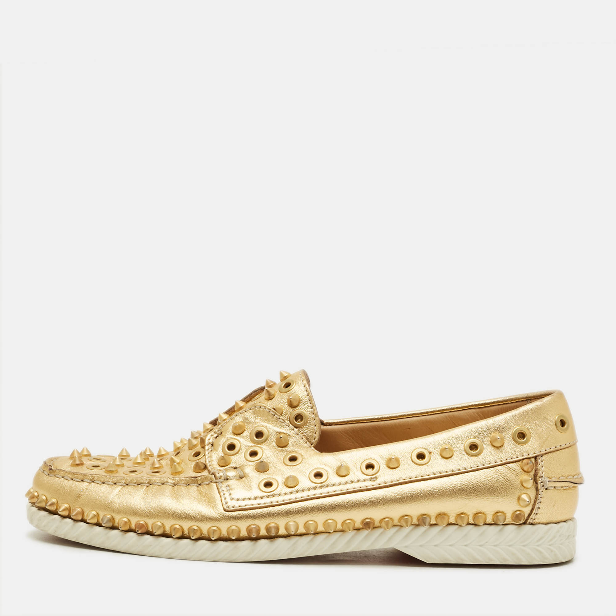 

Christian Louboutin Yatch Spike Size  Gold Leather Loafers