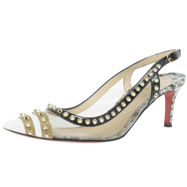 Pre Owned Christian Louboutin Manovra Studded Leather and PVC Slingback Sandals Size 39