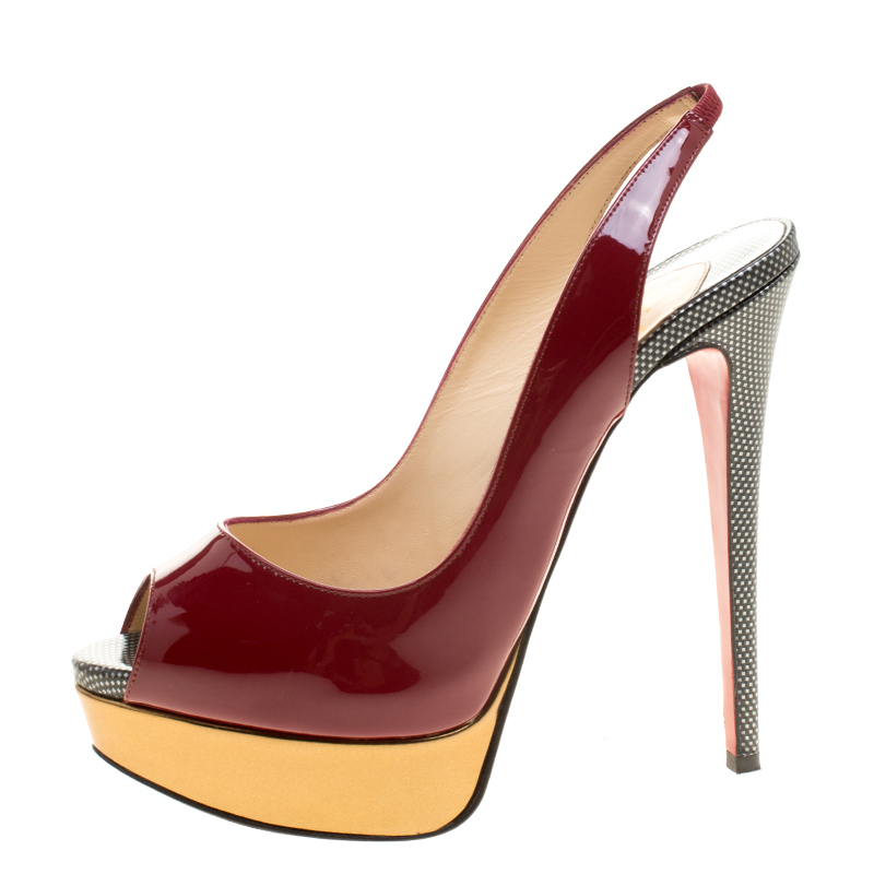 

Christian Louboutin Two Tone Patent Leather Lady Peep Toe Slingback Sandals Size, Burgundy