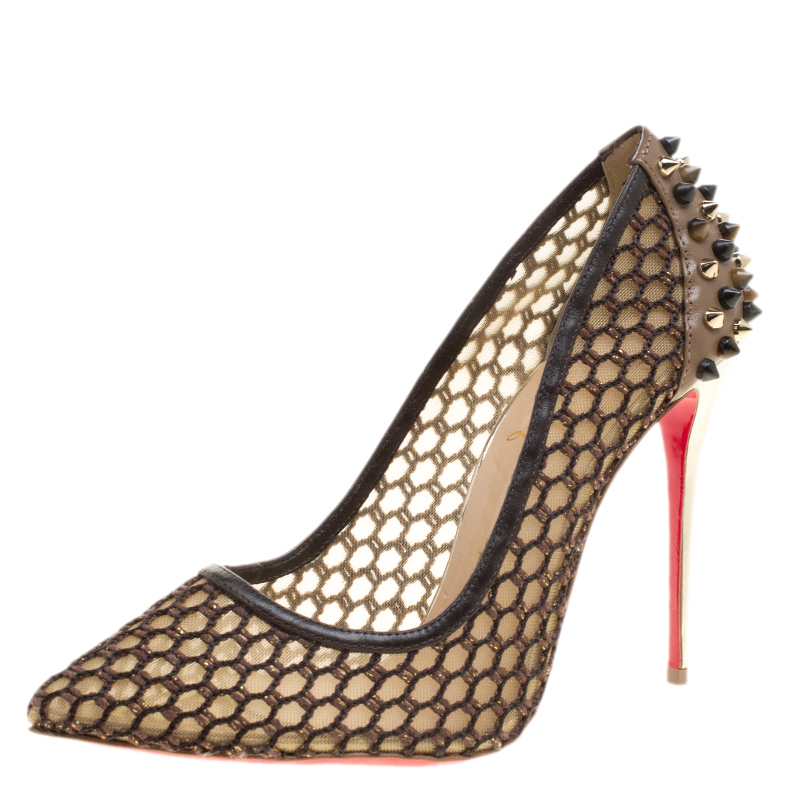 Christian Louboutin Brown Mesh and Spike Embellished Leather Trimmed Guni Pointed Toe Pumps Size 38.5