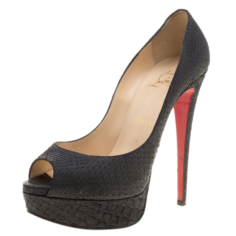 Pre Owned Christian Louboutin Black Matt Finish Python Leather Altadama Peep Toe Platform Pumps Size 37