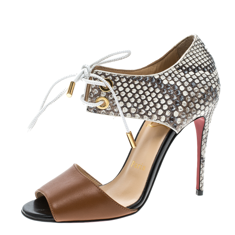 Pre Owned Christian Louboutin Two Tone Python Leather Mayerling Lace-Up Sandals Size 35