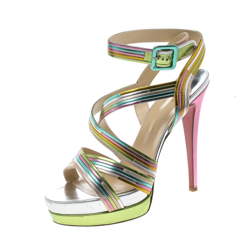 Pre Owned Christian Louboutin Multicolor Metallic Leather Meteorita Cross Strap Platform Sandals Size 40