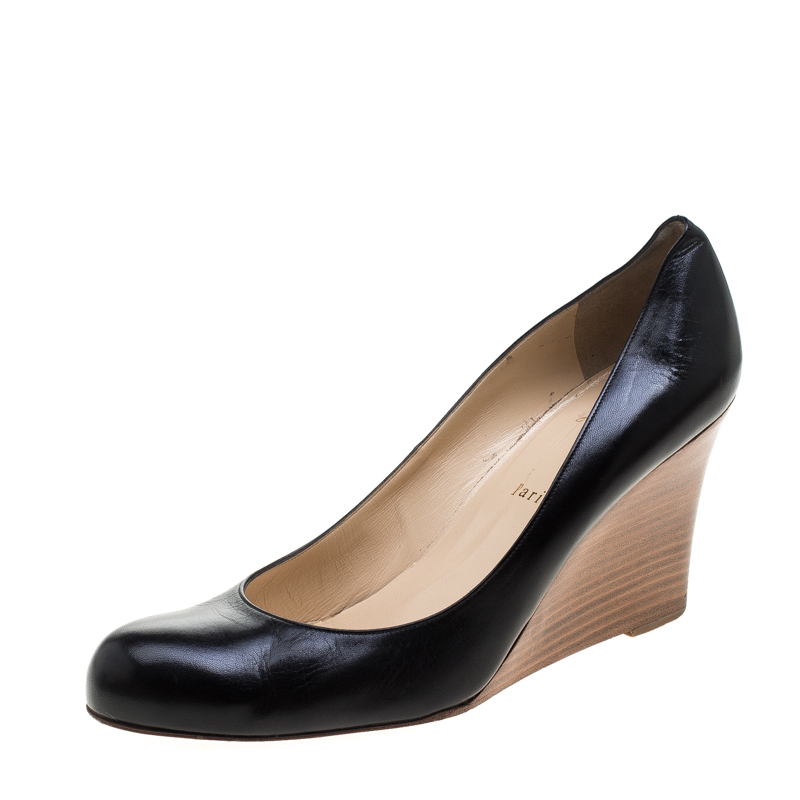 Pre Owned Christian Louboutin Black Leather Miss Boxe Wedge Pumps Size 41