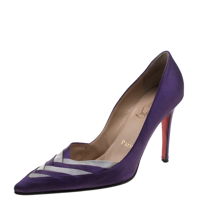 Christian Louboutin Purple/Grey Satin Pointed Toe Pumps Size 39