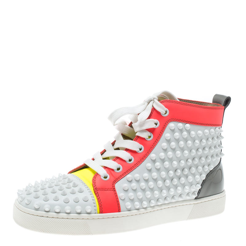 Christian Louboutin Multicolor Leather Louis Spikes Lace Up High Top Sneakers Size 38