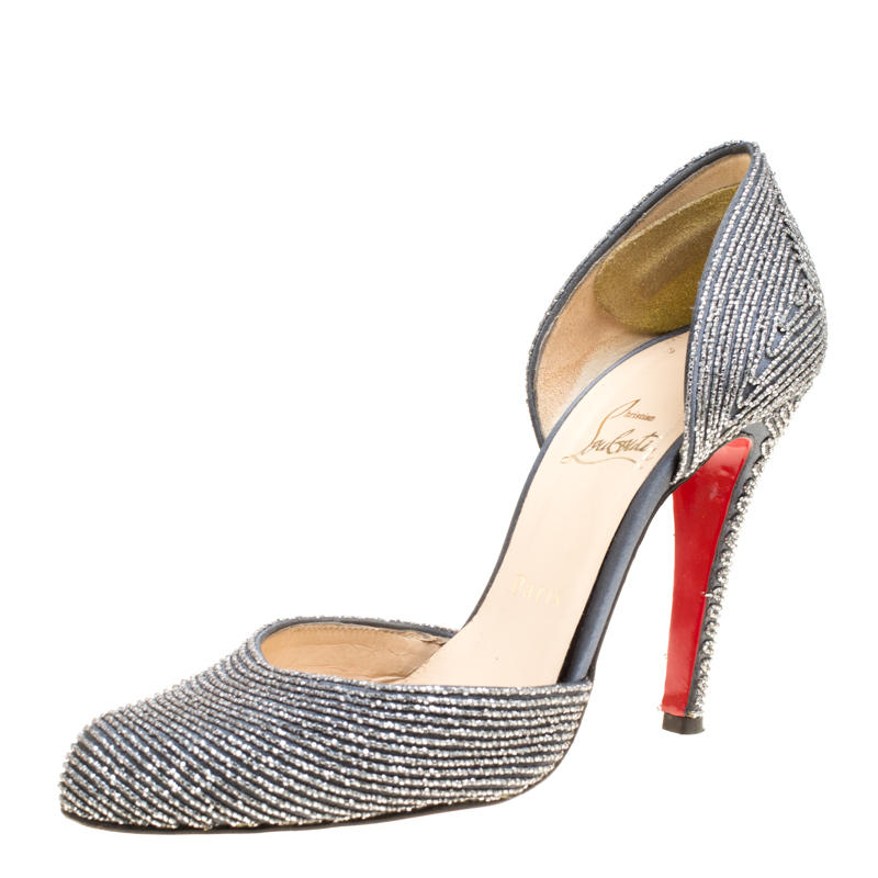مملوكة مسبقًا حذاء كعب عالي كريستيان لوبوتان دورسيه لابيرينث ساتان منقوش رمادي مقاس 39