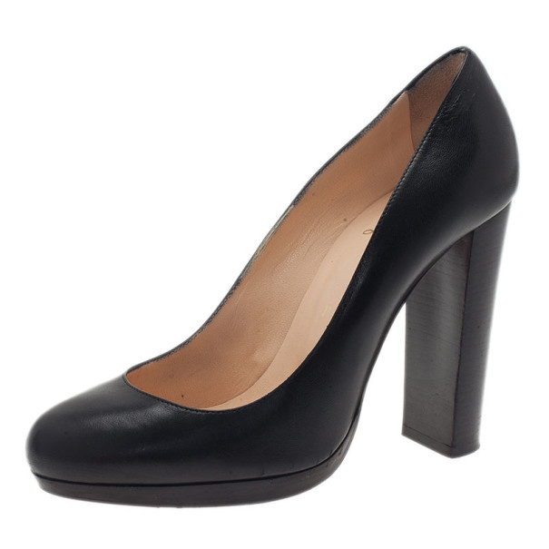 black leather block heel pumps