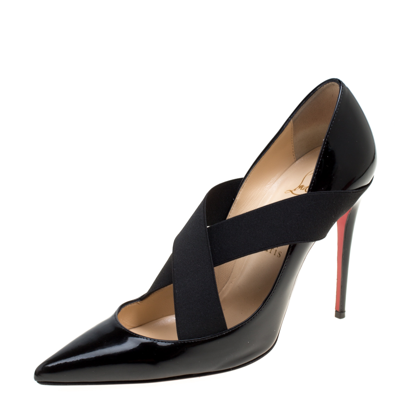 Pre Owned Christian Louboutin Black Patent Leather Sharpstagram Cross Strap Pointed Toe Pumps Size 37.5