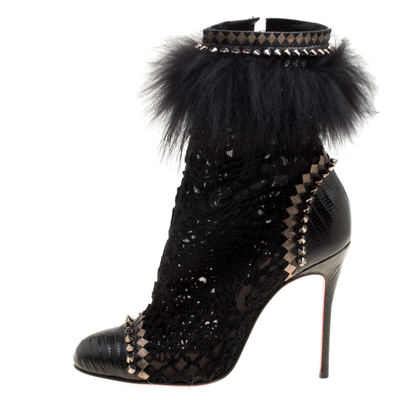 

Christian Louboutin Black Laser Cut Pony Hair With Lizard Trim Tootsie Ankle Boots Size