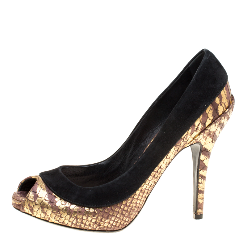 Pre-owned Christian Louboutin Black/gold Suede And Python Peep Toe Pumps Size 35.5