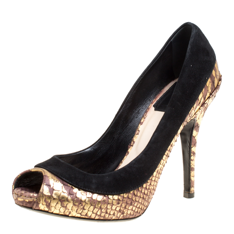 

Dior Black/Gold Suede and Python Peep Toe Pumps Size