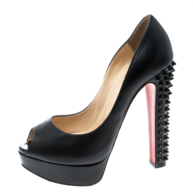 

Christian Louboutin Black Leather Spike Embellished Heel Peep Toe Platform Pumps Size