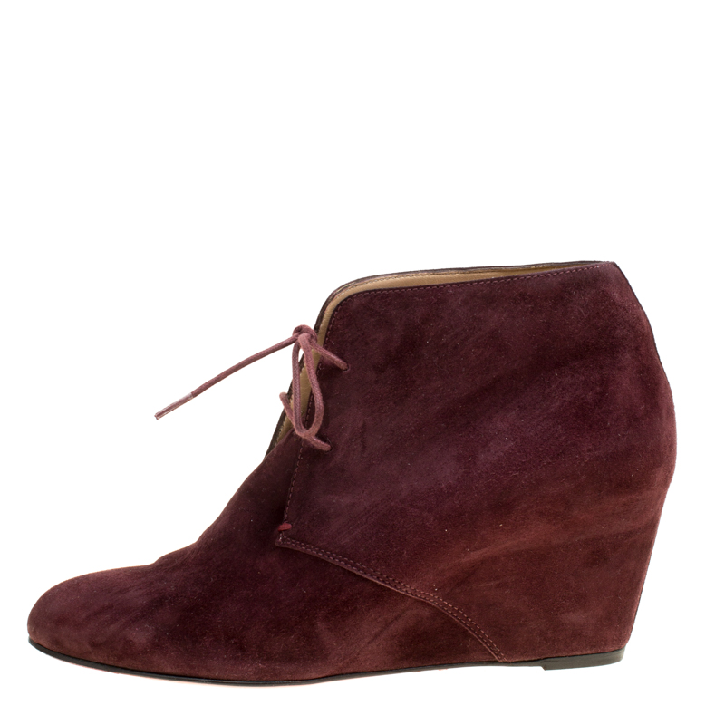 Pre-owned Christian Louboutin Wine Suede Compacta Wedge Heel Lace Up Boots Size 38 In Burgundy