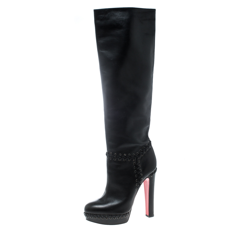 Christian Louboutin Black Leather Braided Detail Knee Length Boots Size 39