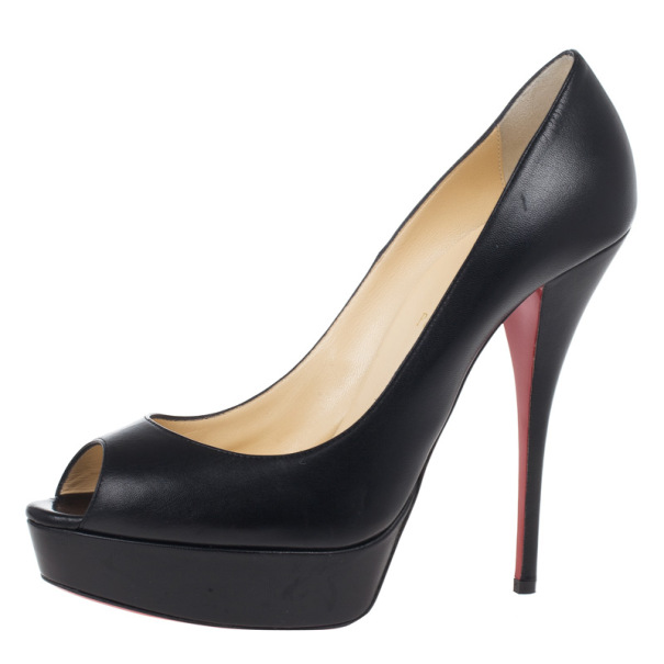 Pre Owned Christian Louboutin Black Leather Lady Peep Platform Pumps Size 41