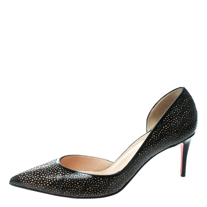 

Christian Louboutin Two Tone Laser Cut Patent Leather Galupump Pointed Toe D'orsay Pumps Size, Black