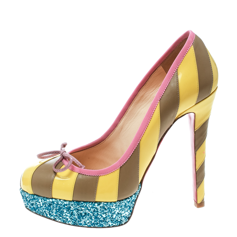 

Christian Louboutin Multicolor Striped Patent Leather Foraine Glitter Platfrom Pumps Size