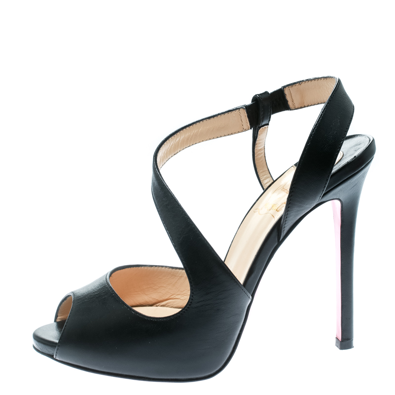 

Christian Louboutin Black Leather Ankle Wrap Peep Toe Sandals Size