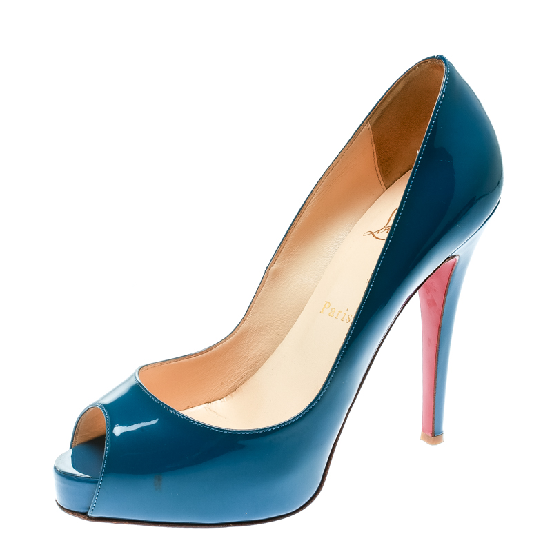 Christian Louboutin Blue Patent Leather Very Prive Peep Toe Pumps Size 38