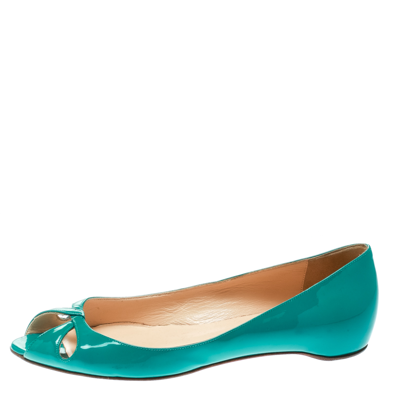 Pre-owned Christian Louboutin Green Patent Leather Un Voilier Peep Toe Flats Size 36.5