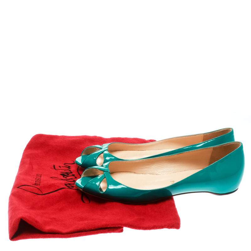 Pre-owned Christian Louboutin Green Patent Leather Un Voilier Peep Toe Flats Size 36.5