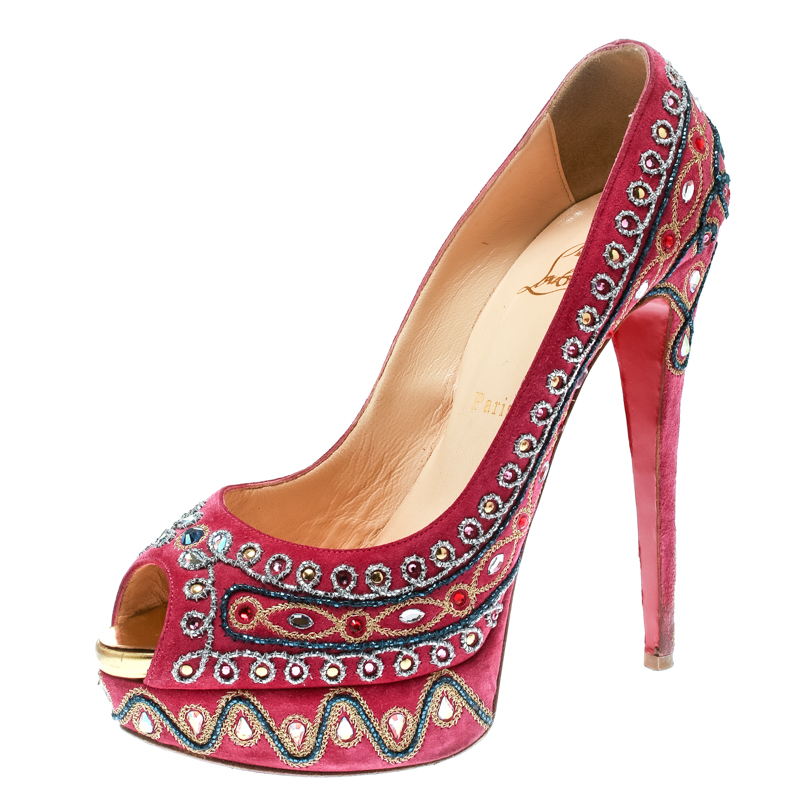 Christian Louboutin Hot Pink Embroidered Suede Bollywoody Peep Toe