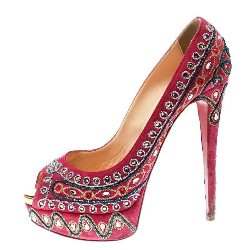

Christian Louboutin Hot Pink Embroidered Suede Bollywoody Peep Toe Platform Pumps Size