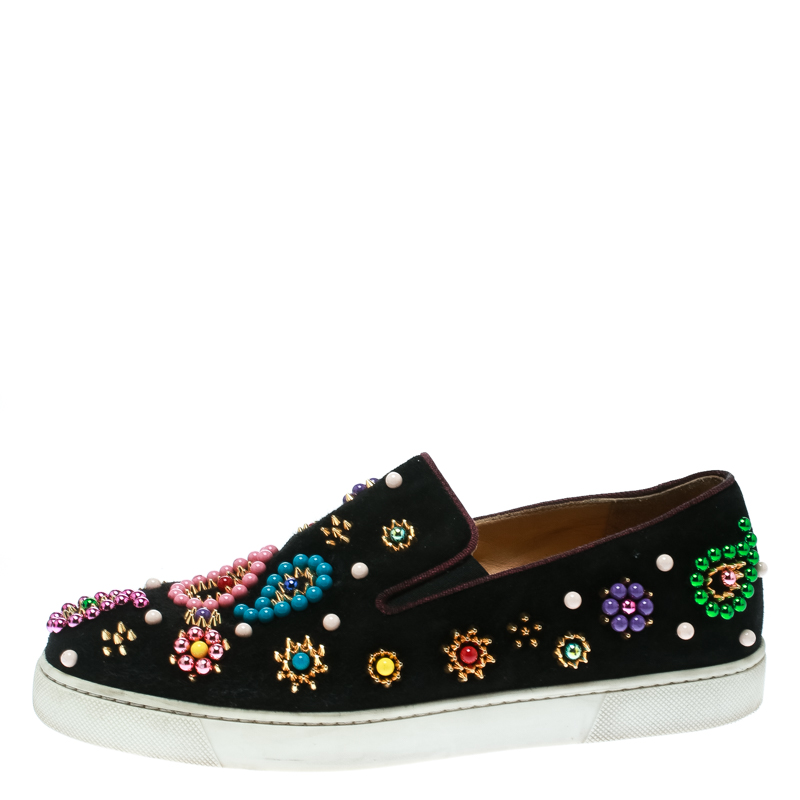 

Christian Louboutin Black Embellished Suede Boat Candy Skate Slip On Sneakers Size