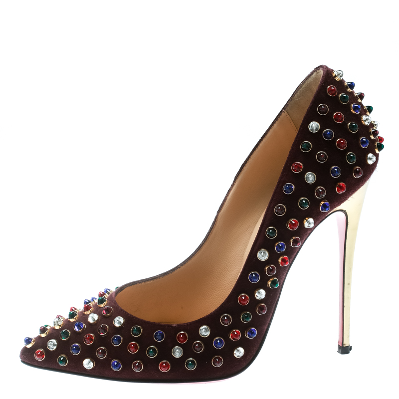 

Christian Louboutin Brown Suede Pigalle Multicolor Stud Embellished Pointed Toe Pumps Size