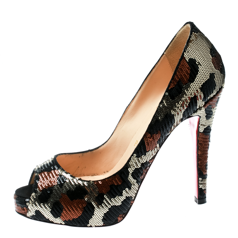 

Christian Louboutin Leopard Print Sequin Paillettes Very Prive Peep Toe Pumps Size, Multicolor