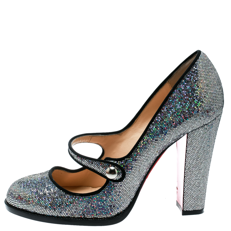 

Christian Louboutin Metallic Silver Glitter Fabric Mary Jane Pumps Show Size