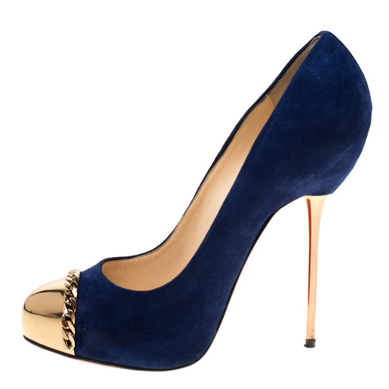 

Christian Louboutin Oxford Blue Suede Metallip Chain Detail Metal Cap Toe Pumps Size