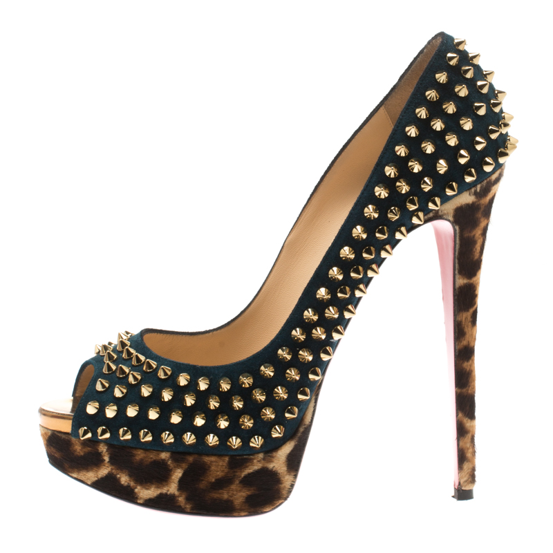 

Christian Louboutin Blue Suede and Leopard Pony Hair Spiked Lady Peep Toe Platform Pumps Size, Navy blue