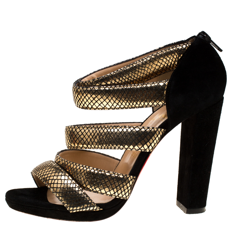 

Christian Louboutin Black Suede And Gold Python Embossed Mehari Strappy Sandals Size