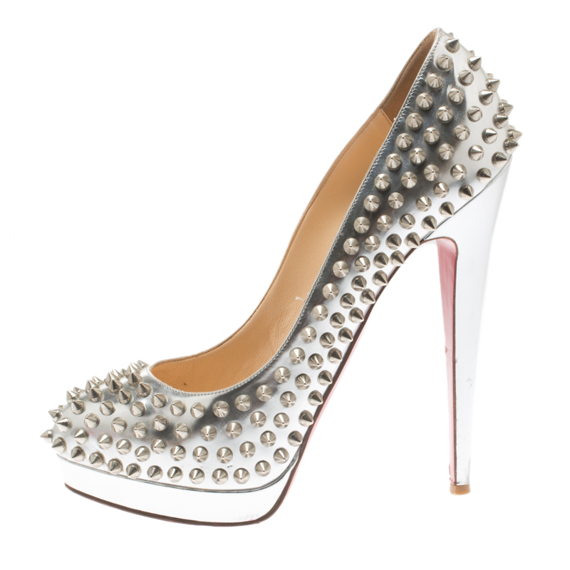 

Christian Louboutin Silver Metallic Leather Alti Spike Platform Pumps Size