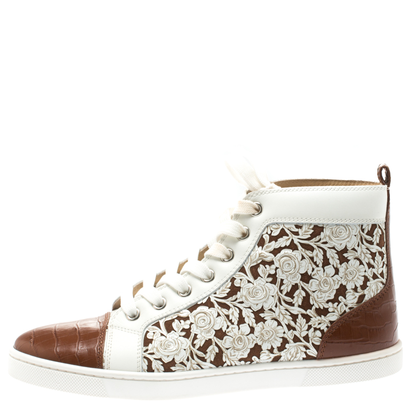 

Christian Louboutin White Floral Laser Cut Leather And Brown Croc Embossed Leather Cap Toe Bip Bip High Top Sneakers Size