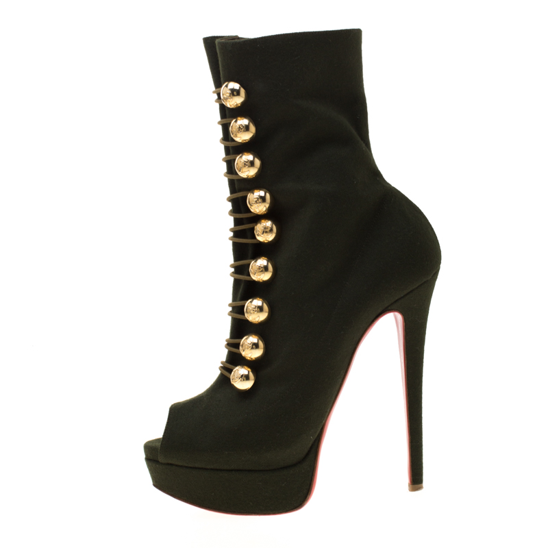 

Christian Louboutin Green Fabric Peep Toe Platform Ankle Boots Size