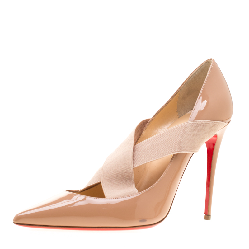Pre Owned Christian Louboutin Beige Patent Leather Sharpstagram Cross Strap Pointed Toe Pumps Size 39.5