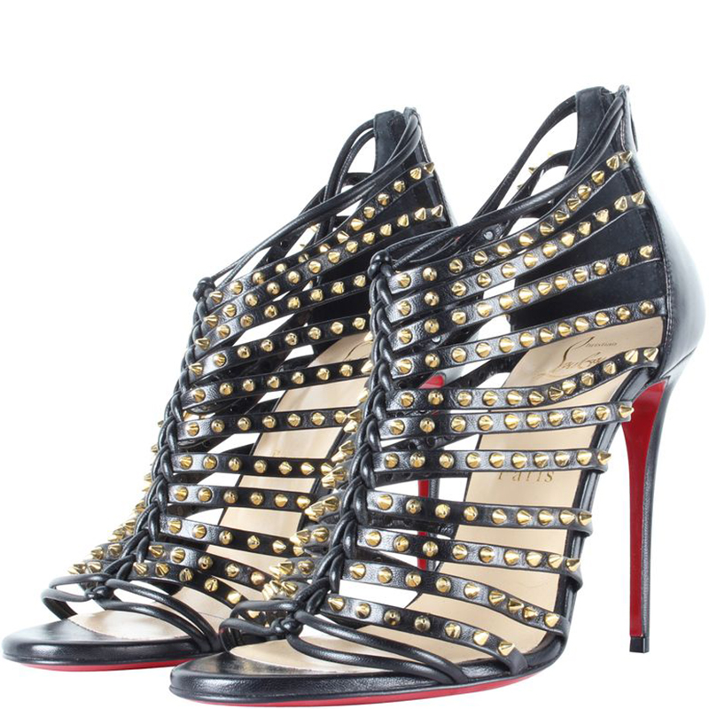 

Christian Louboutin Black Leather Gold Spiked Millaclou Cage Sandals Size