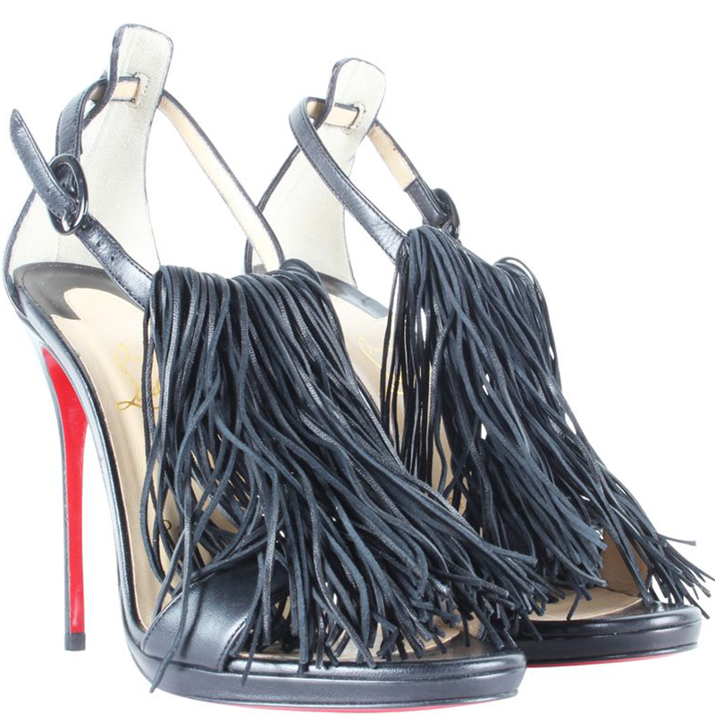 

Christian Louboutin Black Leather Fringe Casanovella Sandals Size