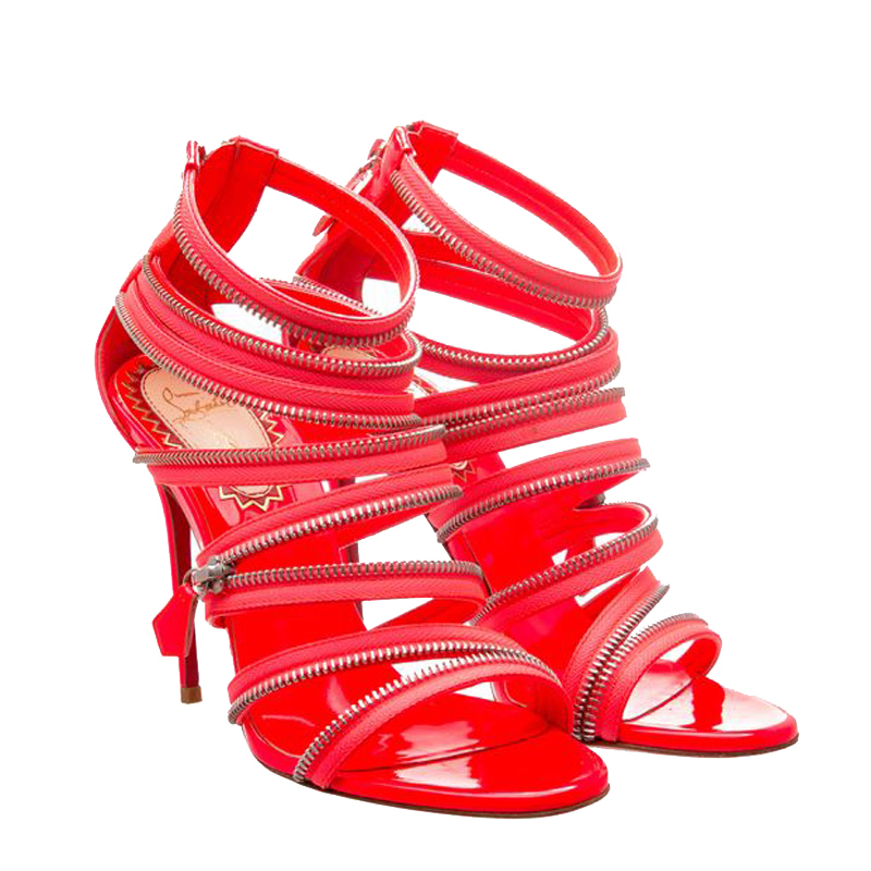 

Christian Louboutin Red Patent Leather Unzip Booty Fluro Sandals Size