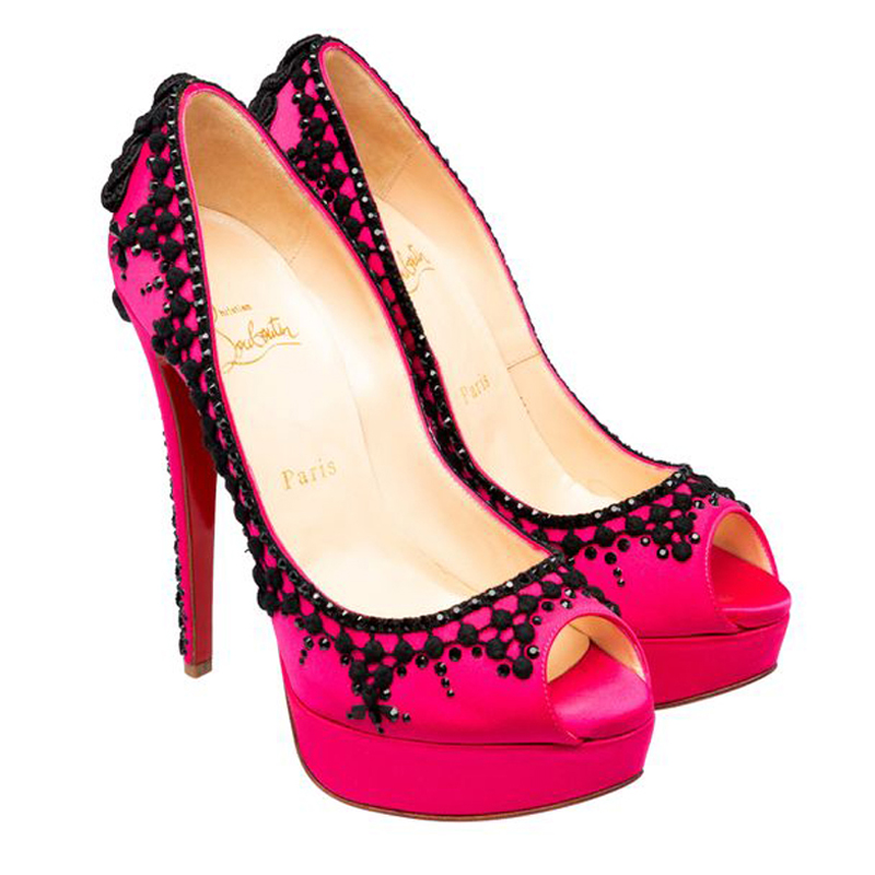 

Christian Louboutin Pink/Black Satin And Broderie Torero 150 Crepe Pump Size