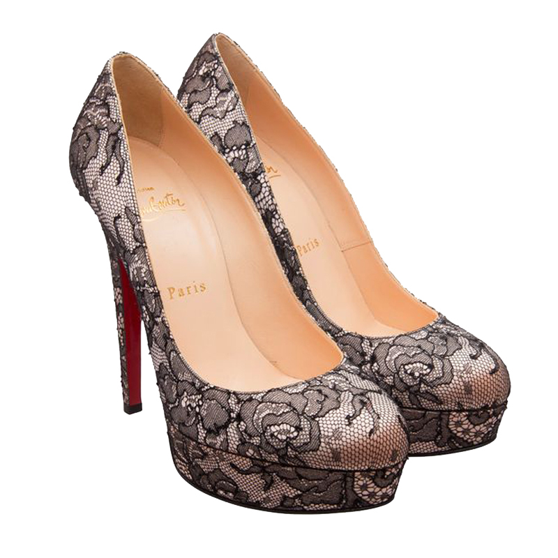 

Christian Louboutin Black/Beige Lace and Satin Bianca 140 Pumps Size