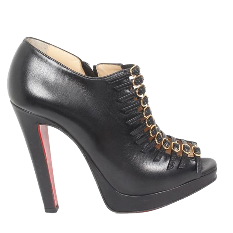 Pre-owned Christian Louboutin Black Leather Open Toe Boots Size 37.5