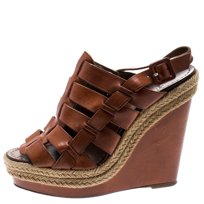 

Christian Louboutin Brown Leather Caged Espadrille Wedge Sandals Size