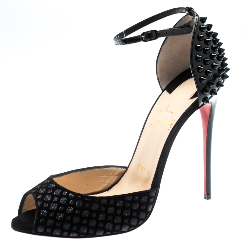 Christian Louboutin Black Flocked Suede Pina Spike Peep Toe Ankle Strap ...