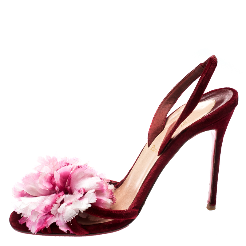 

Christian Louboutin Red Velvet Flower Detail Slingback Sandals Size